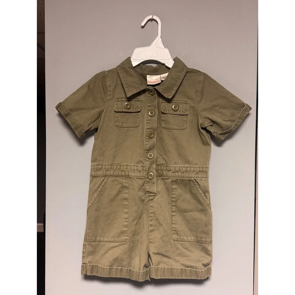 Hanna Andersson Kids Olive Green Jungle Utility Romper Embroidery Sx 120 US 6-7